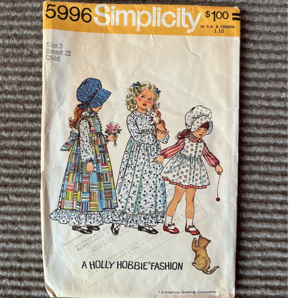 Vintage Simplicity 5996 Holly‎ Hobbie Child Dress Pinafore Bonnet Pattern Size 3